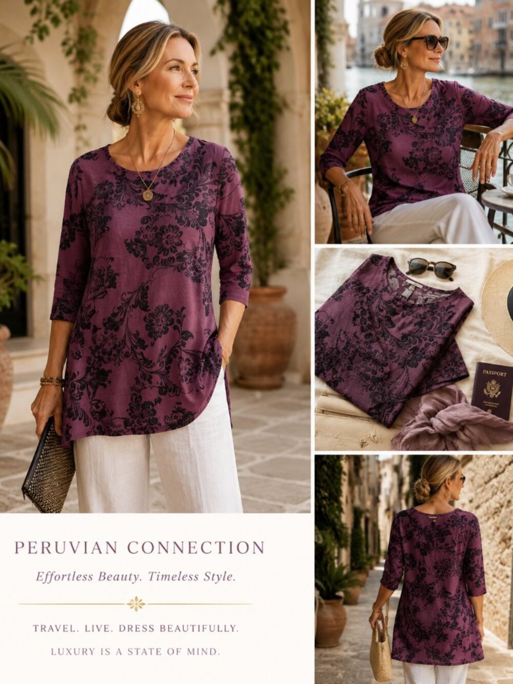 🌿 Peruvian Connection Tunic | Burgundy Floral 3/4 Sleeve Lightweight Boho Top